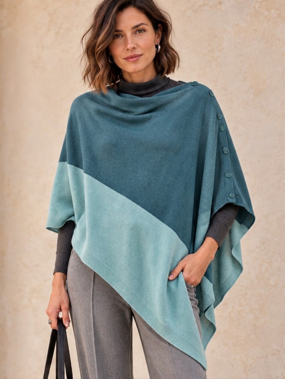 WOOLOVERS MERINO CASHMERE COLORBLOCK BUTTON PONCHO NWT OS TEAL BLUE